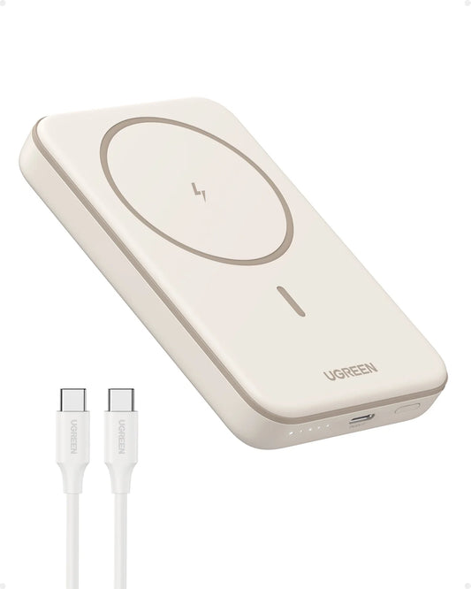 5000mAh Magnetic Power Bank for iPhone, Fast Portable Charger with USB-C Cable, White