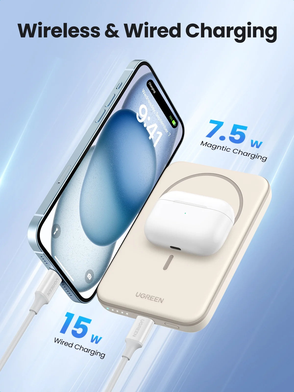 5000mAh Magnetic Power Bank for iPhone, Fast Portable Charger with USB-C Cable, White