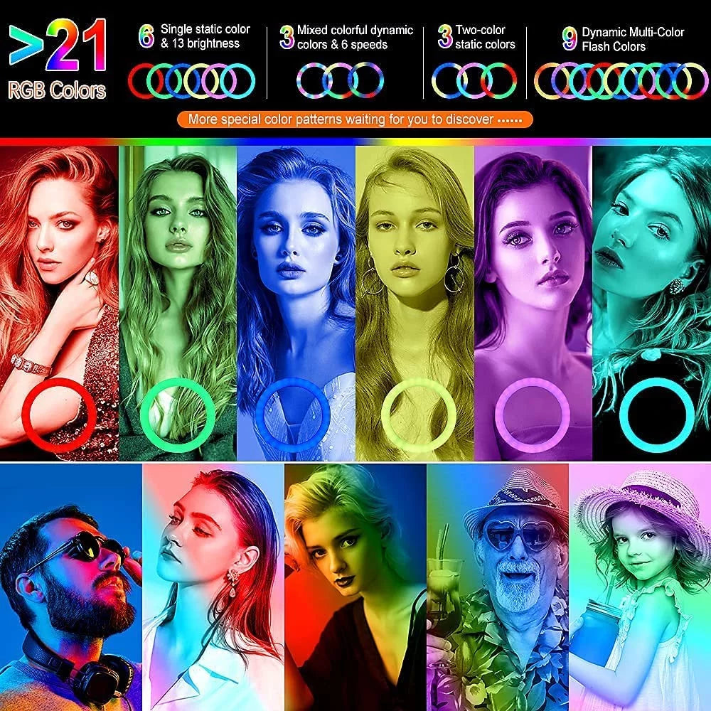 13-Inch RGB Selfie Ring Light with Tripod Stand and Phone Holder, Featuring 26 Modes, 10 Brightness Levels, 120 Dimmable LED Bulbs for Live Streaming, Makeup, YouTube Videos, and Photography