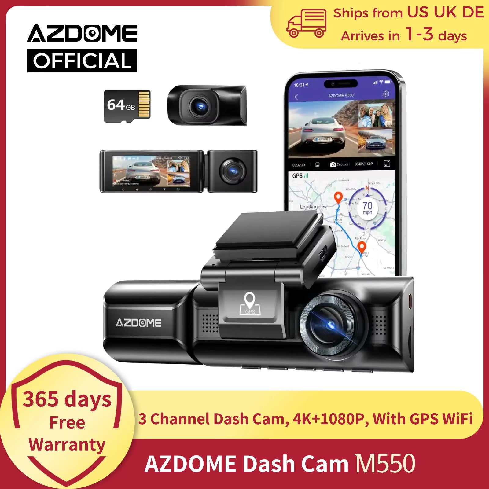 Dash Cam M550 4K+1080P Built-In GPS Wifi Car Dash Camera Front inside Rear 3 Way IR Night Vision Car DVR Support Rear Cam