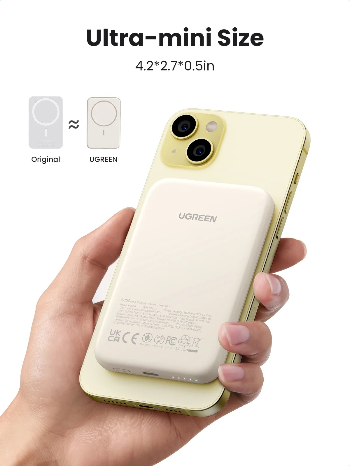 5000mAh Magnetic Power Bank for iPhone, Fast Portable Charger with USB-C Cable, White