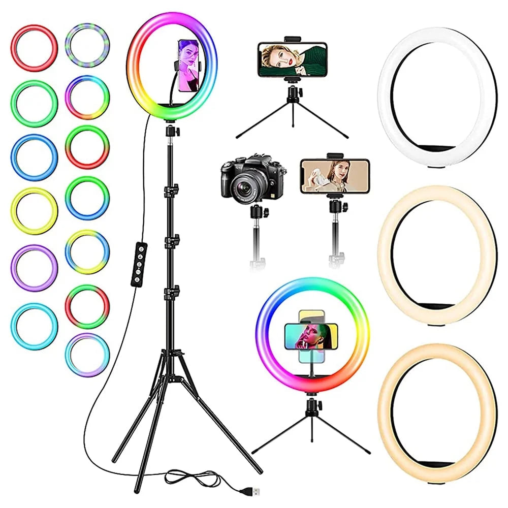 13-Inch RGB Selfie Ring Light with Tripod Stand and Phone Holder, Featuring 26 Modes, 10 Brightness Levels, 120 Dimmable LED Bulbs for Live Streaming, Makeup, YouTube Videos, and Photography