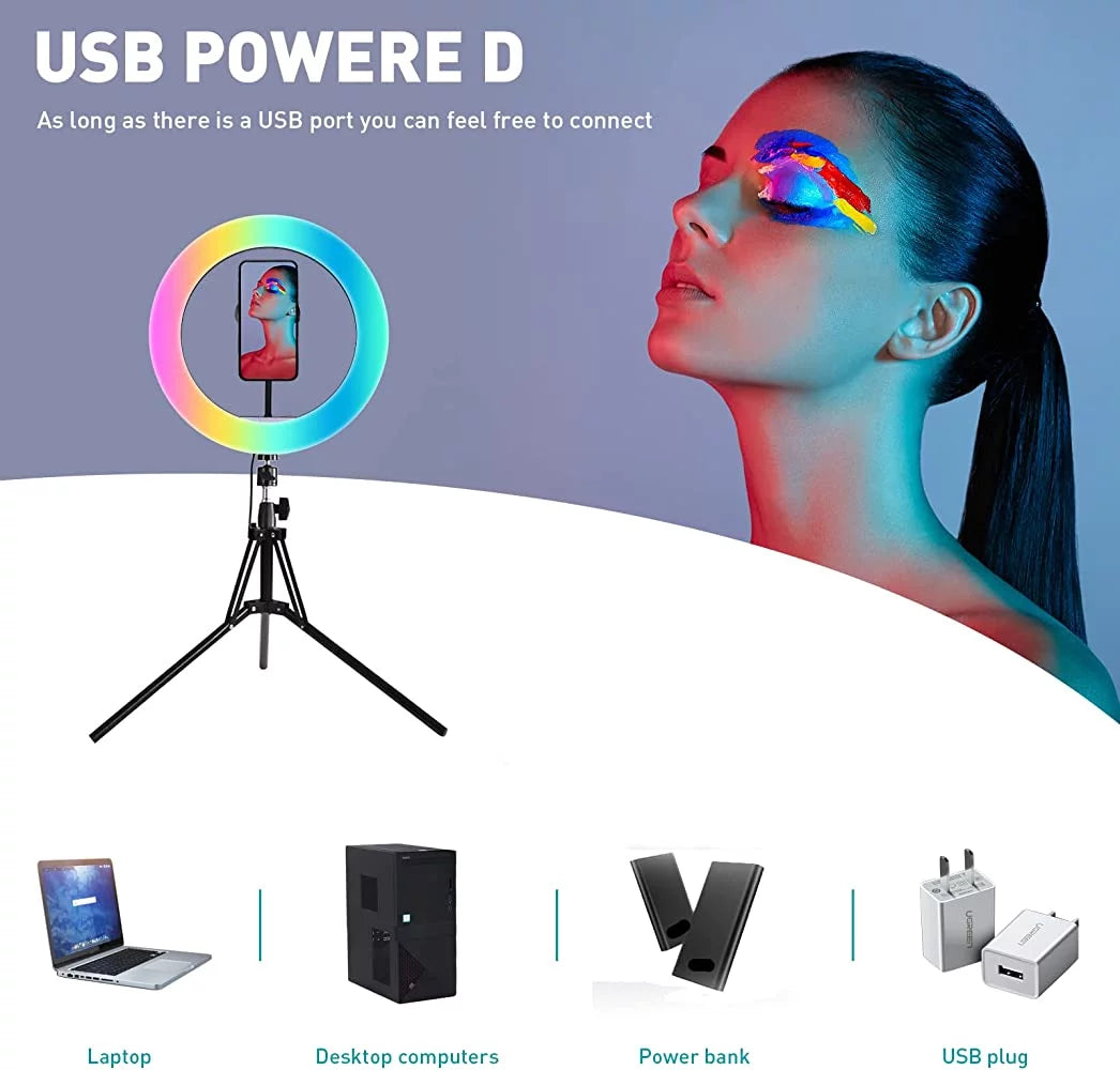 13-Inch RGB Selfie Ring Light with Tripod Stand and Phone Holder, Featuring 26 Modes, 10 Brightness Levels, 120 Dimmable LED Bulbs for Live Streaming, Makeup, YouTube Videos, and Photography