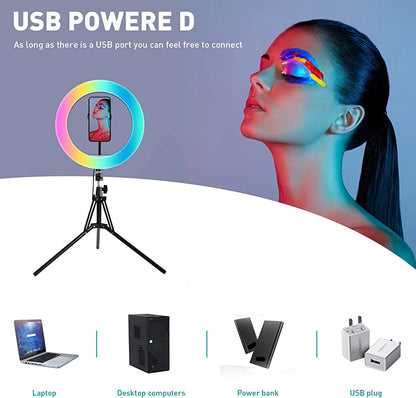 13-Inch RGB Selfie Ring Light with Tripod Stand and Phone Holder, Featuring 26 Modes, 10 Brightness Levels, 120 Dimmable LED Bulbs for Live Streaming, Makeup, YouTube Videos, and Photography